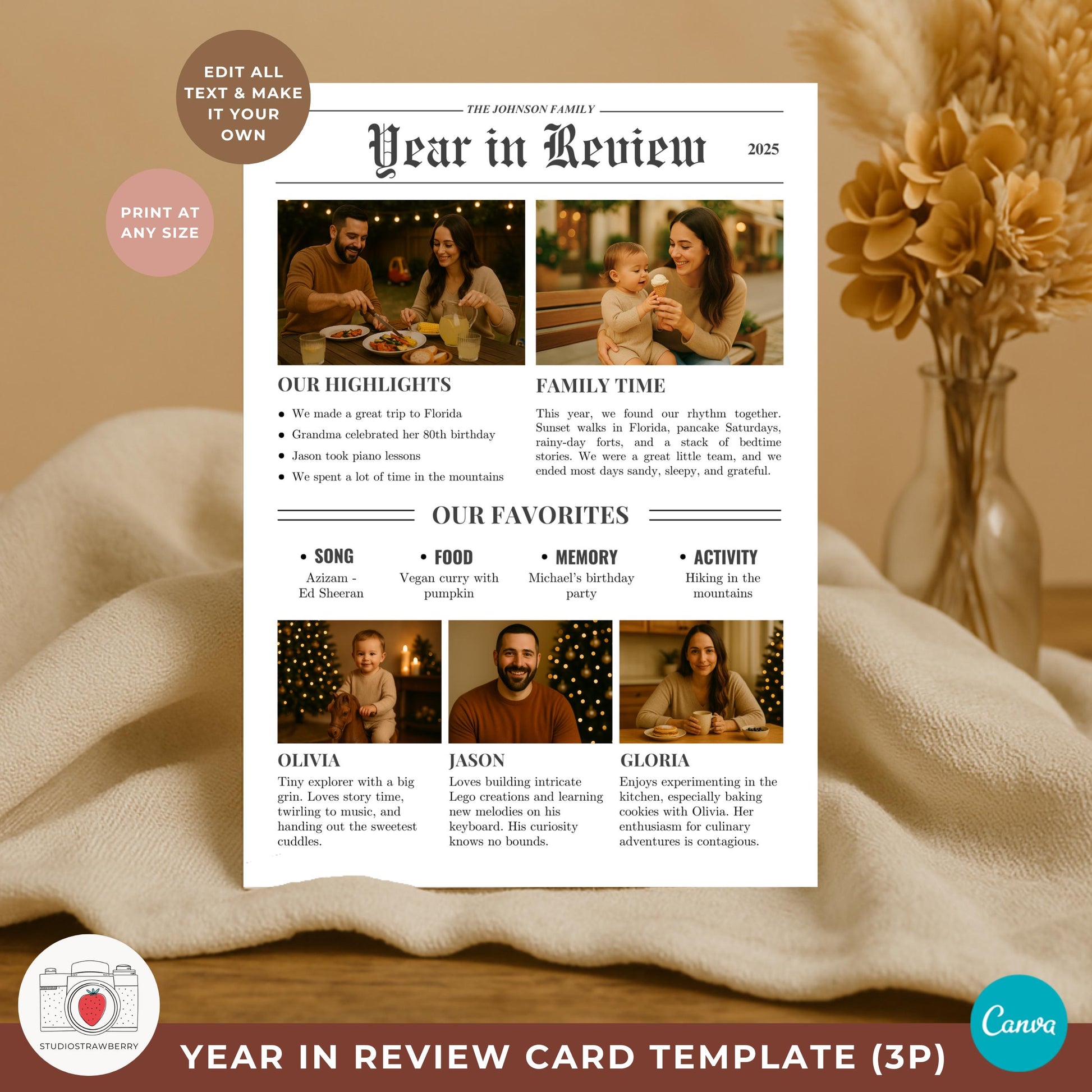 5x7 printable year in review holiday card showing highlights and photos for a small family.