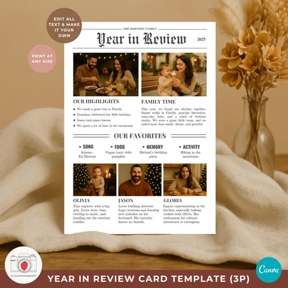 5x7 printable year in review holiday card showing highlights and photos for a small family.