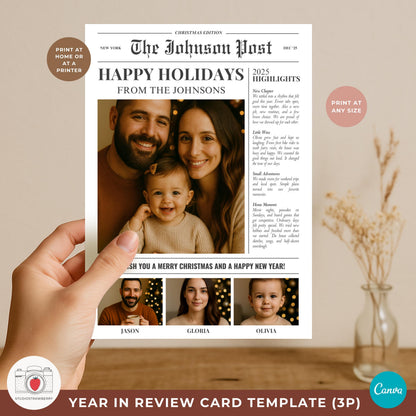 Holiday newspaper card with photo strip for three family portraits under the greeting.