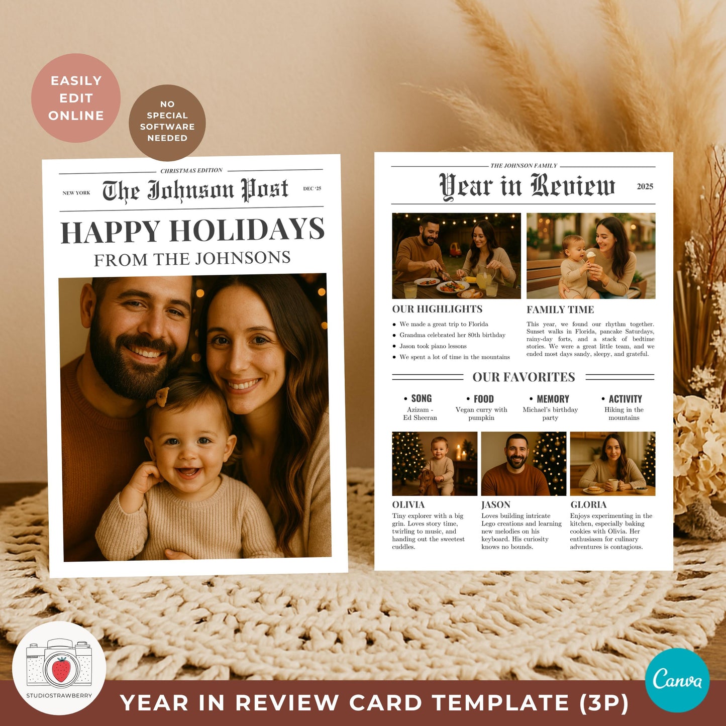 Modern newspaper Christmas card 2025 design featuring a large cover photo and sidebar notes.