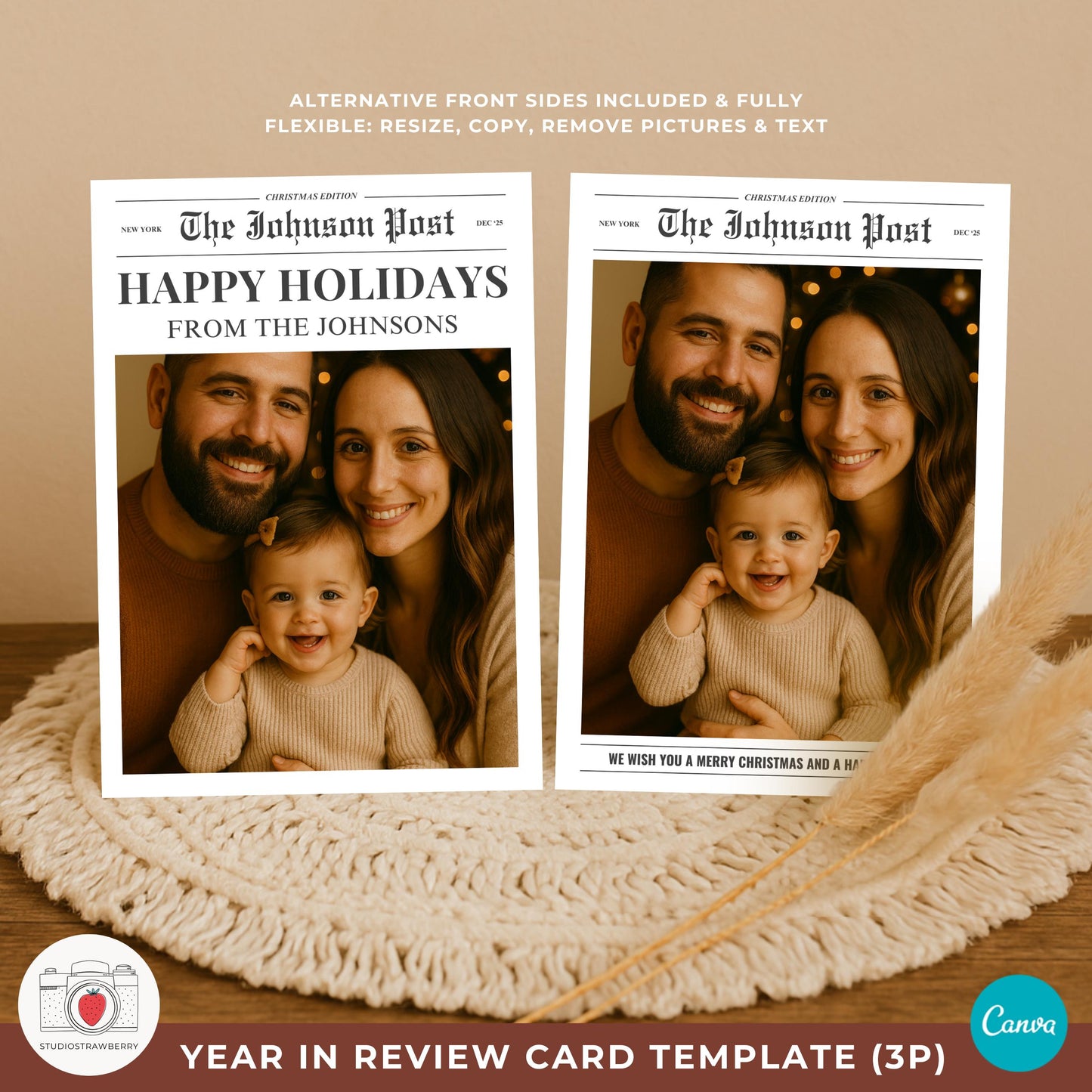 Family of 3 newsletter Christmas card with editable text and photo spots in Canva.