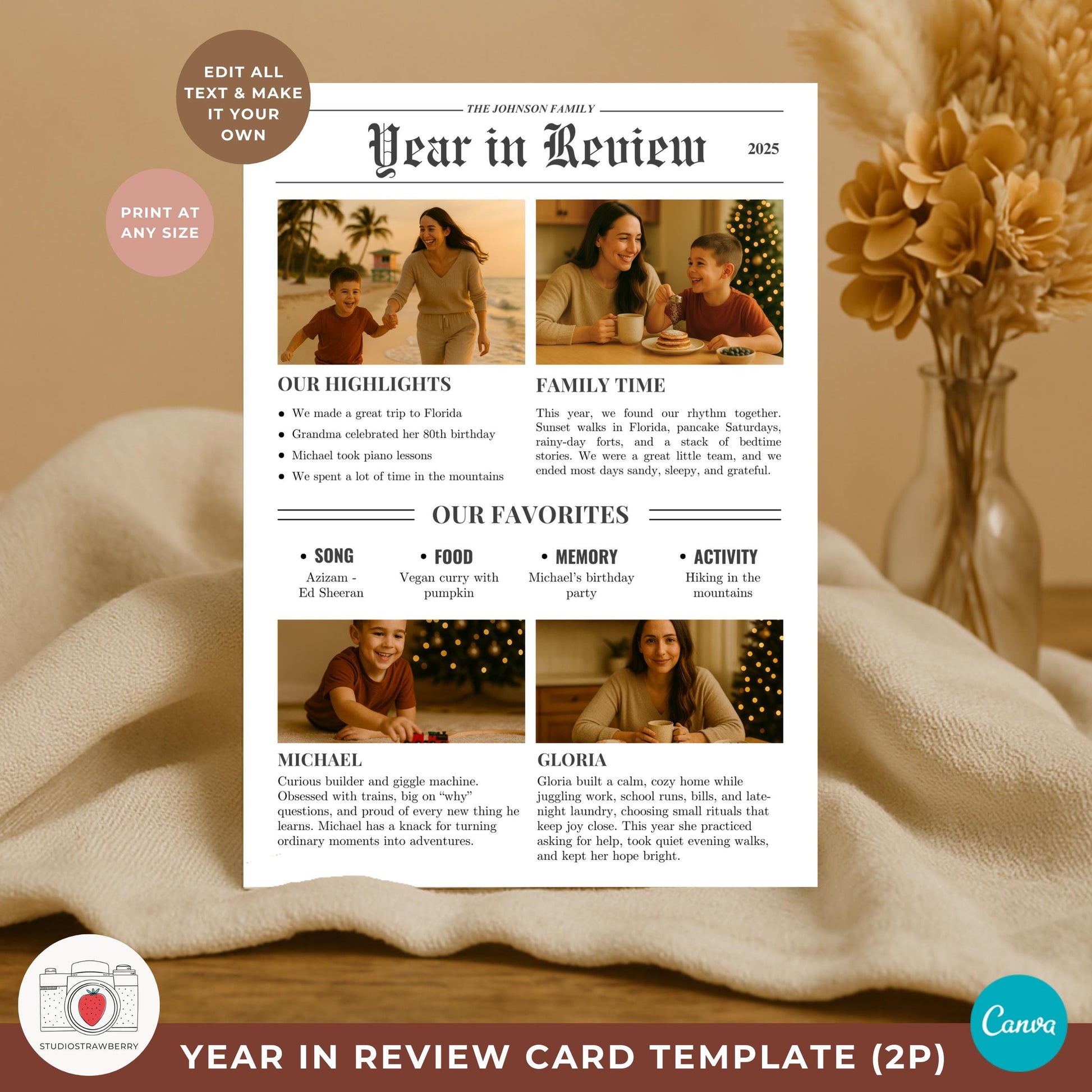 Back layout showing a year in review Christmas card newspaper design for a single parent with photos.