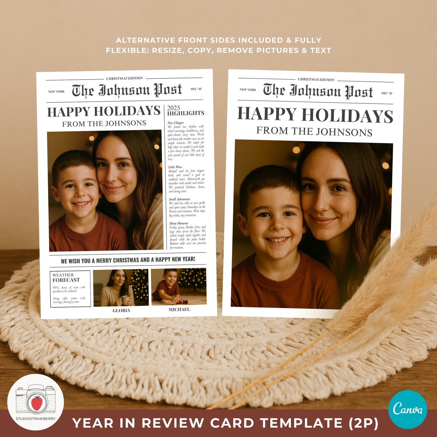 Minimal 5x7 printable newspaper holiday card with headlines and photo blocks for a family of two.