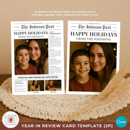 Minimal 5x7 printable newspaper holiday card with headlines and photo blocks for a family of two.