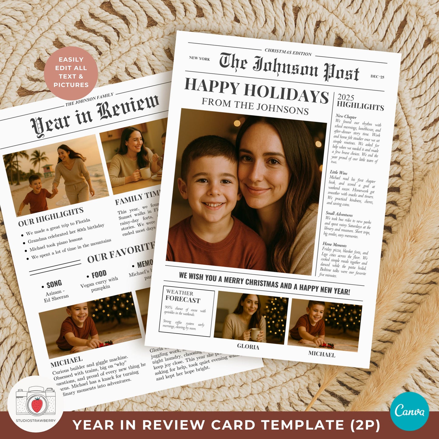 Canva newspaper Christmas card template with editable text and photo placeholders.