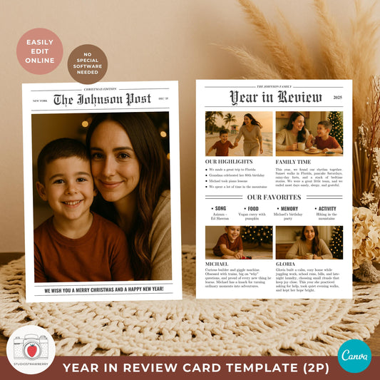 Front preview of a newspaper year in review card template for a couple, 5x7 printable in Canva.