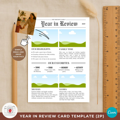 Family of two year in review card newspaper style with highlight bullets and favorites.