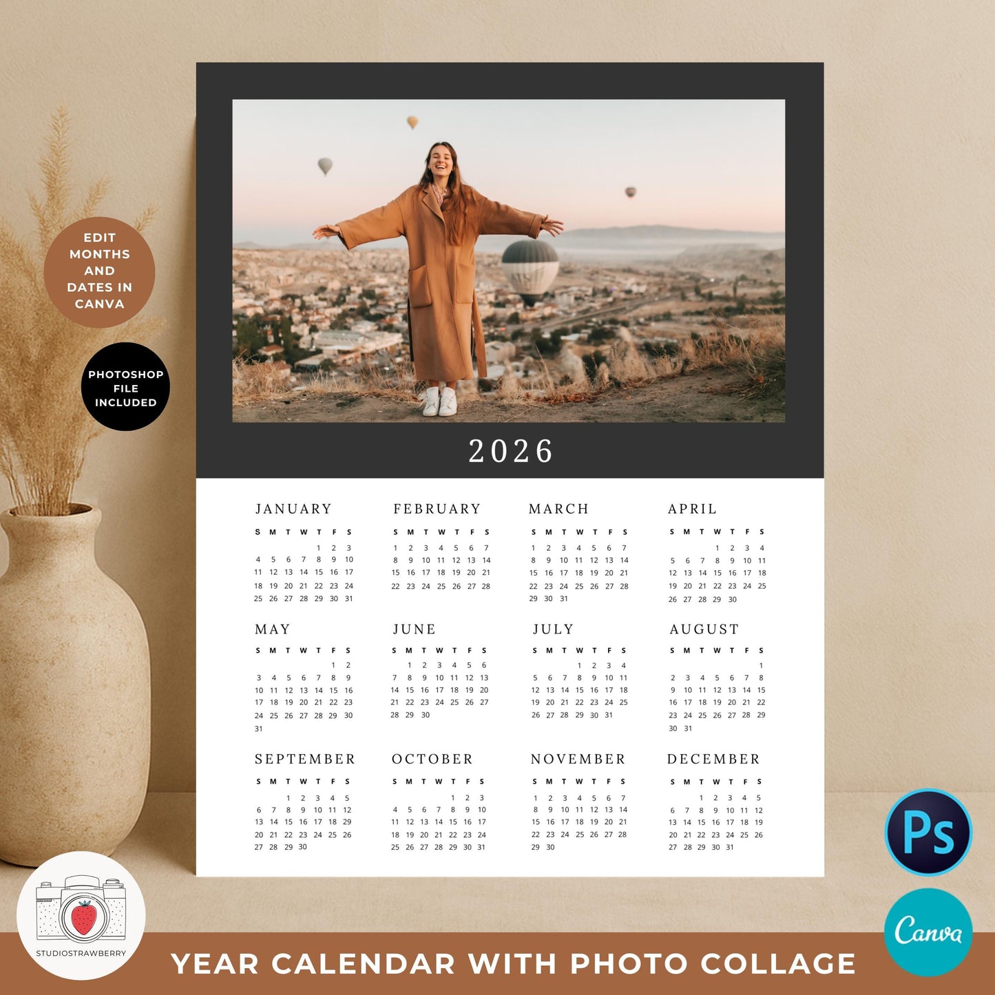 Editable 2026 wall calendar template for Canva and Photoshop