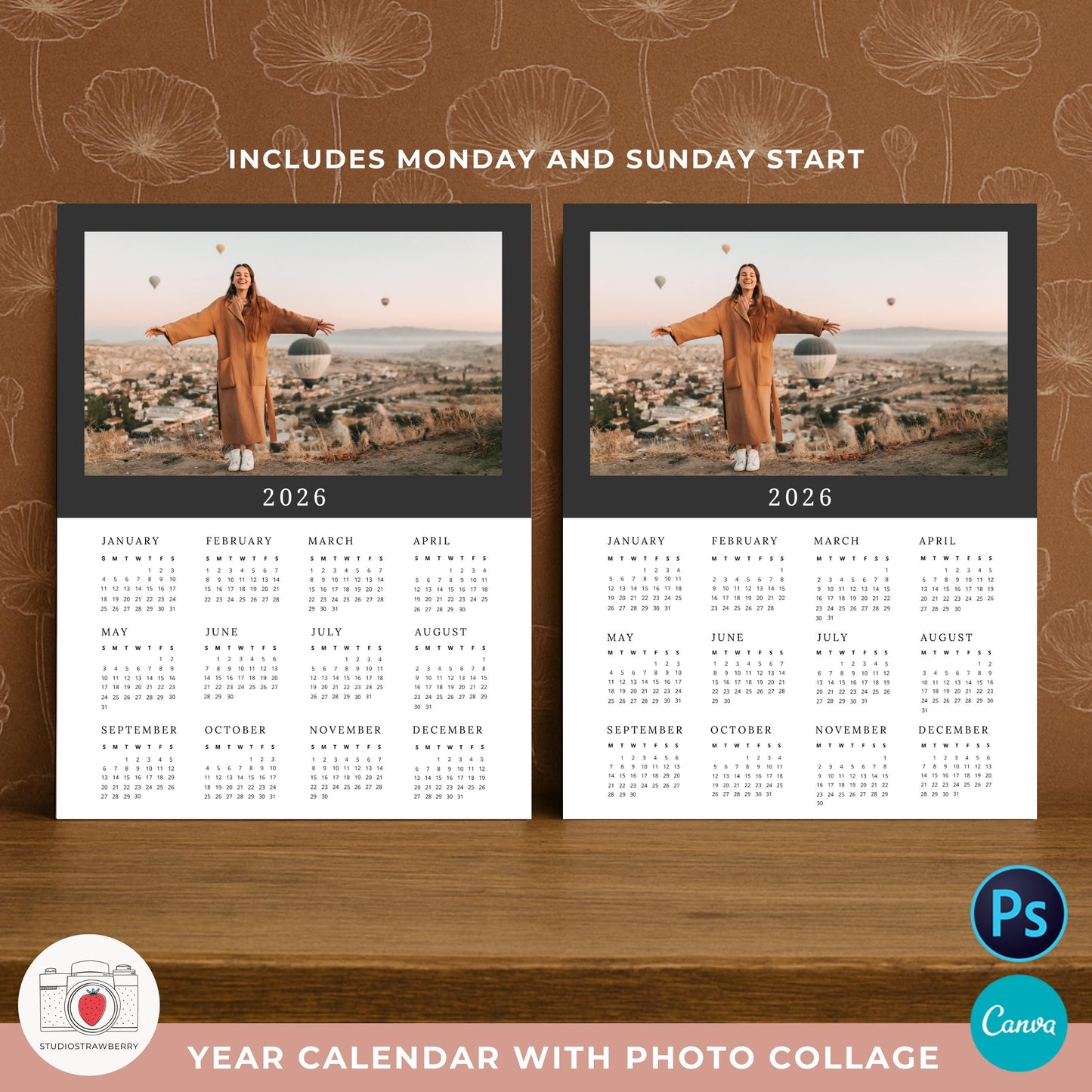 Letter size printable photo calendar template for 2026