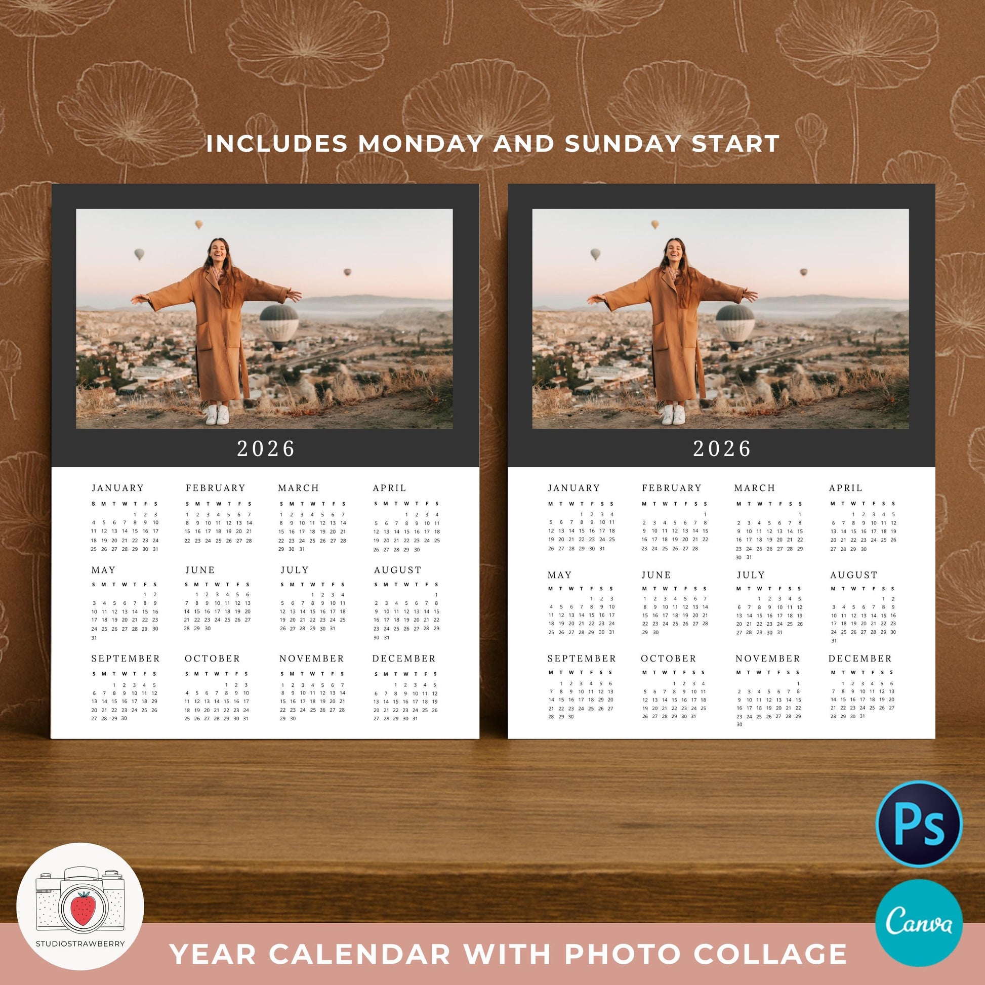 Letter size printable photo calendar template for 2026