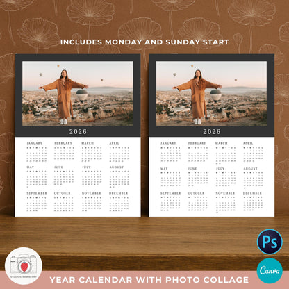 Letter size printable photo calendar template for 2026