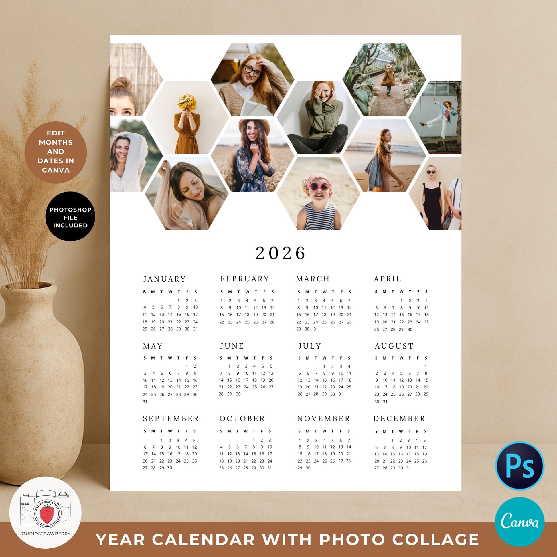 Printable wall calendar 2026 with multiple photo collage sections