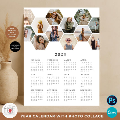 Printable wall calendar 2026 with multiple photo collage sections