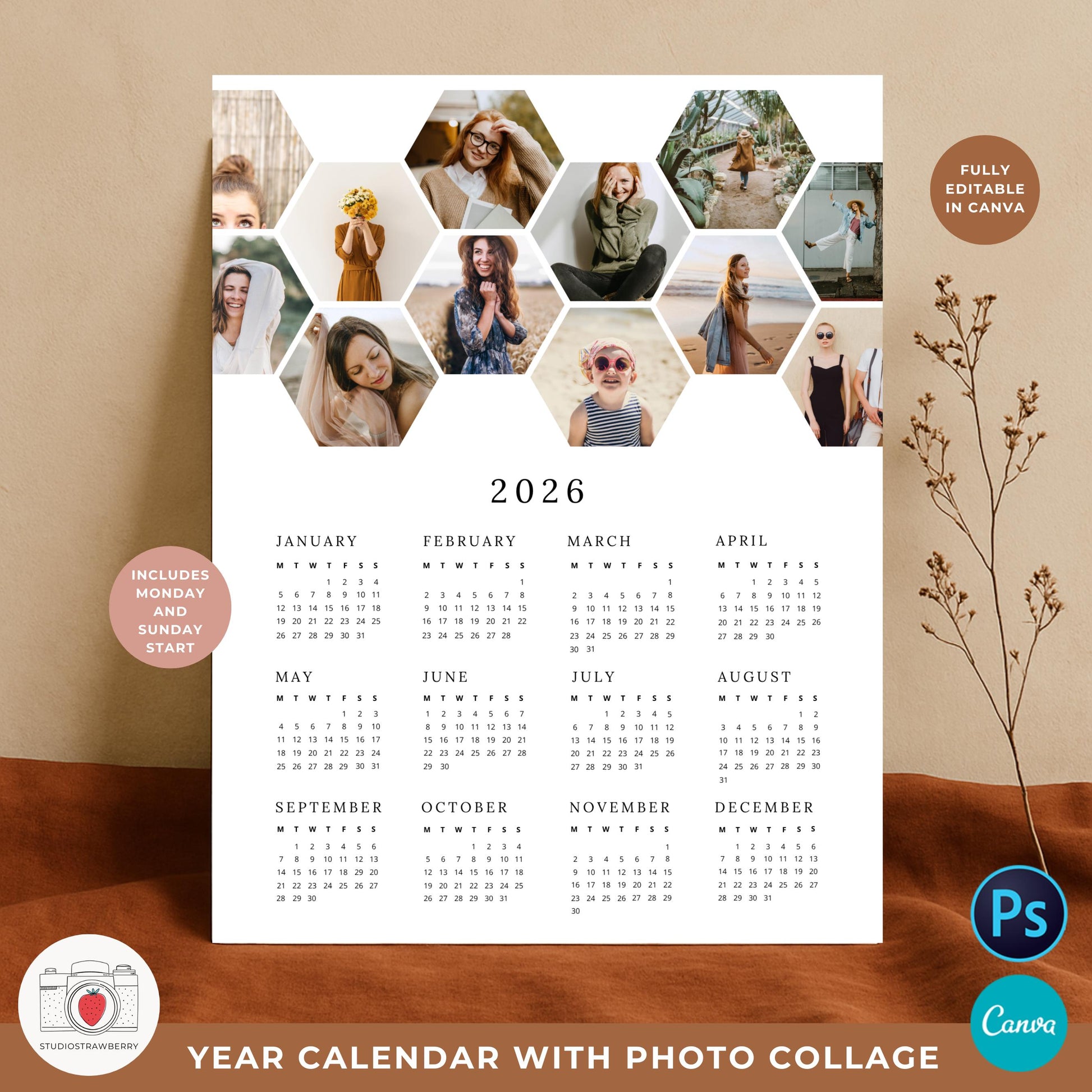 Personalized 2026 year calendar template with picture collage layout