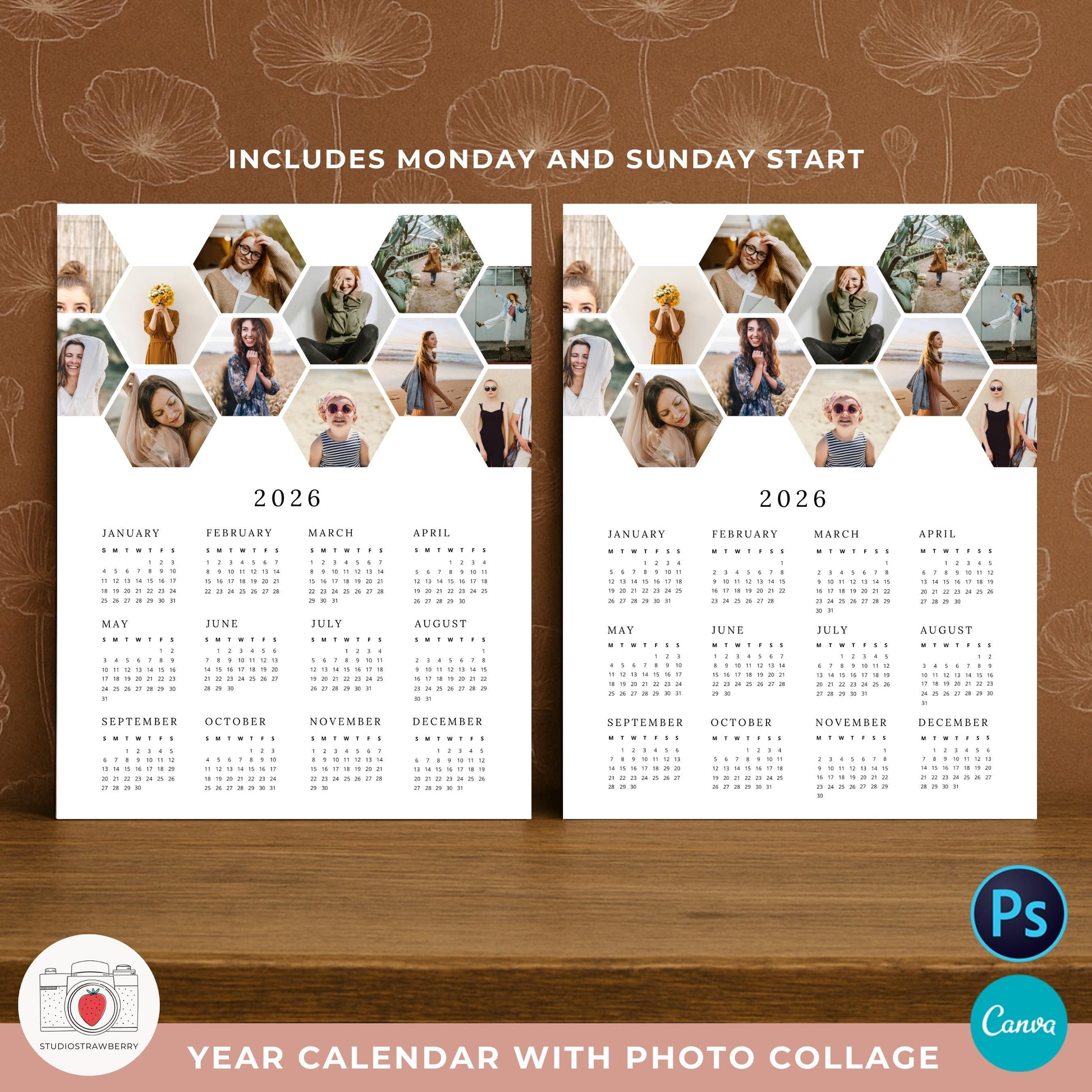 Canva one page calendar with hexagon-shaped image collage