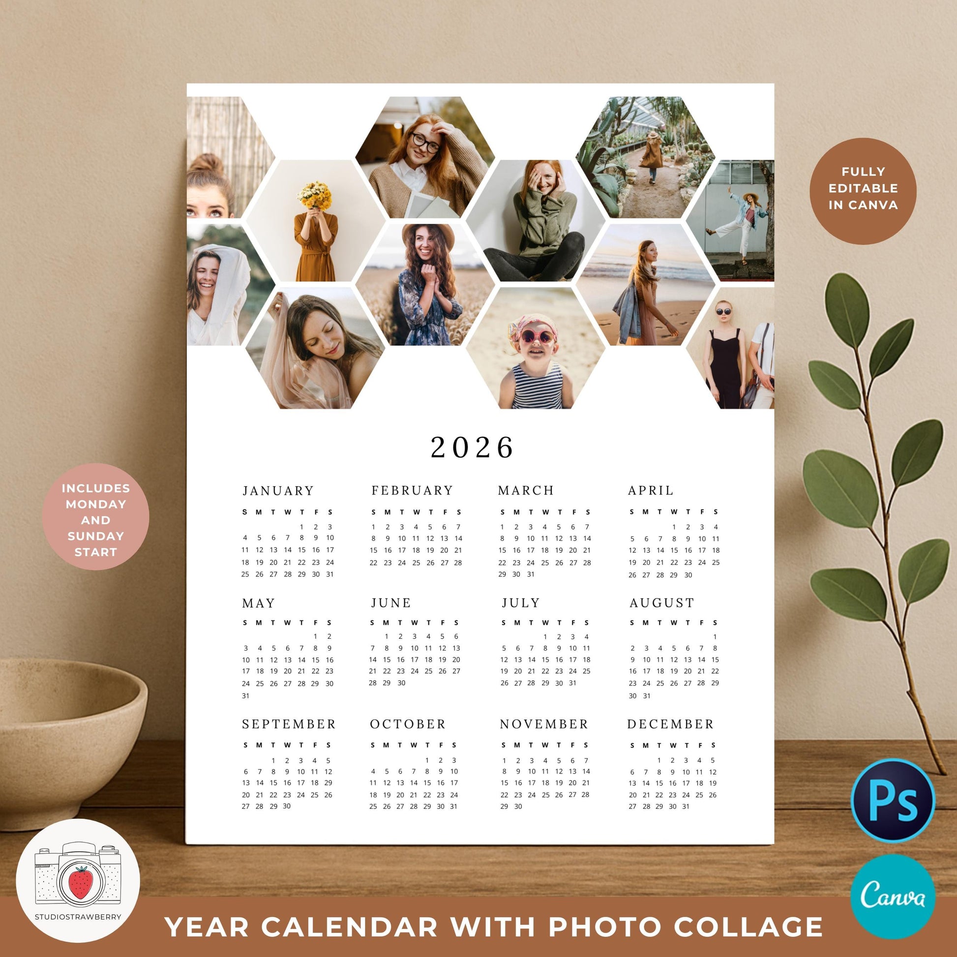 Modern hexagon collage 2026 wall calendar template for printing