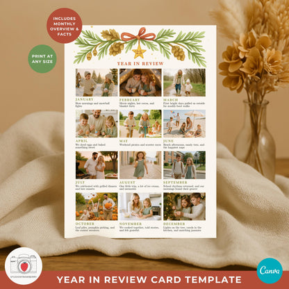 Monthly year in review card template with 12 photo spots and captions.