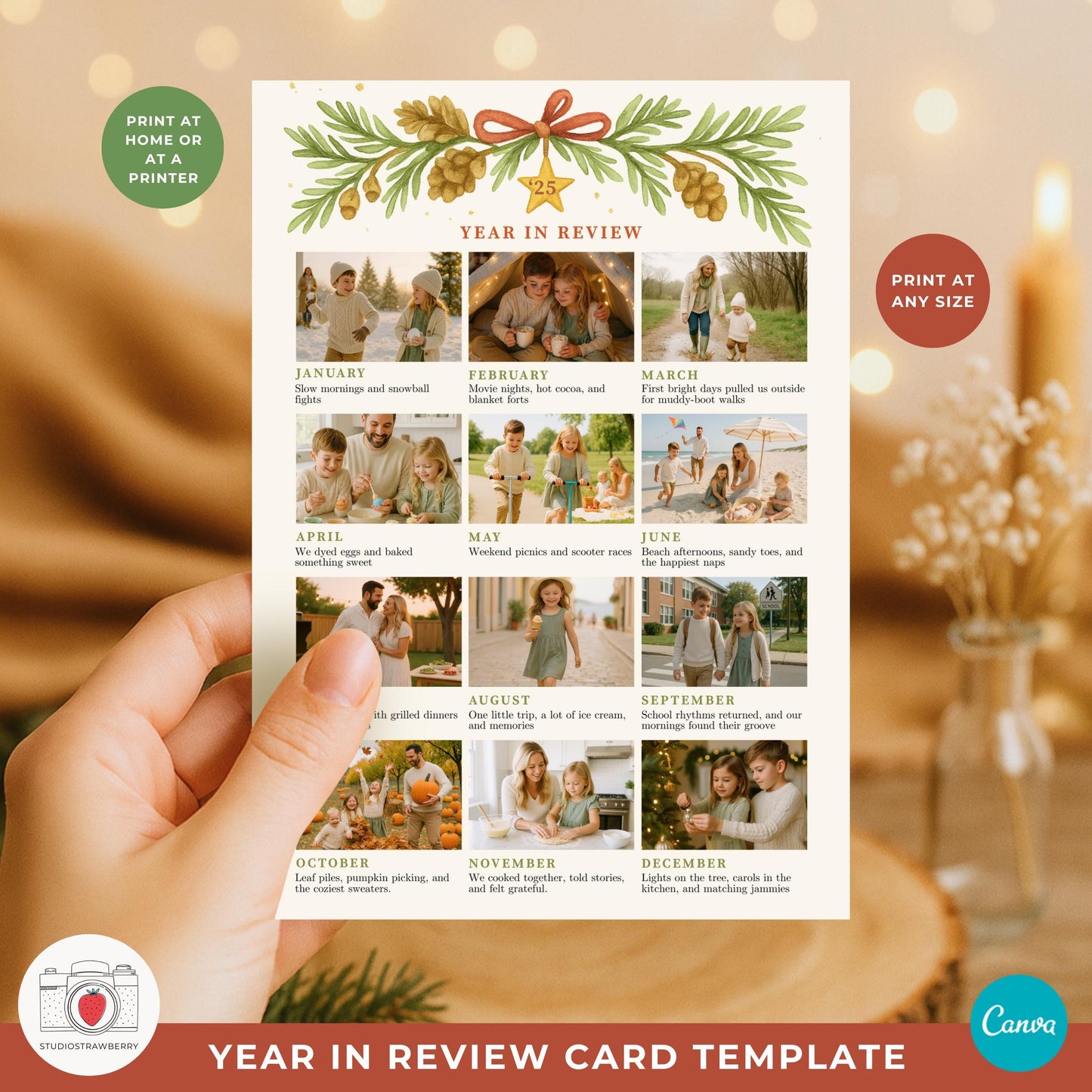 Watercolor pine wreath Christmas card framing a family photo.