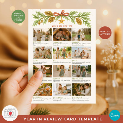 Watercolor pine wreath Christmas card framing a family photo.