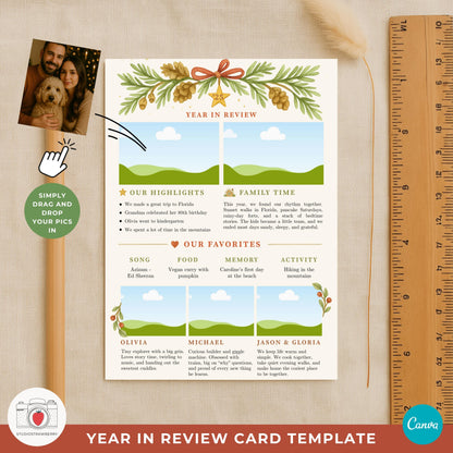 Printable year in review Christmas card ready for home or pro printing.