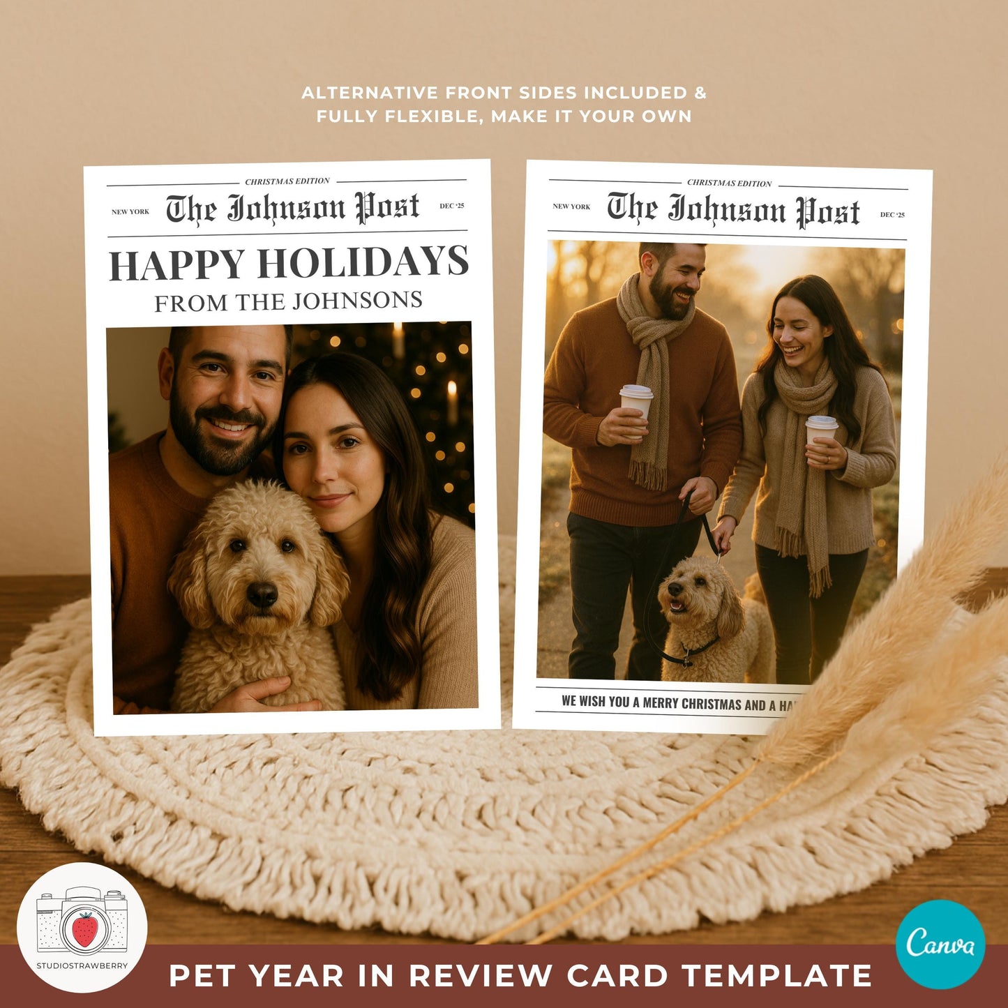 Newspaper style pet Christmas card template with headline and photo spots