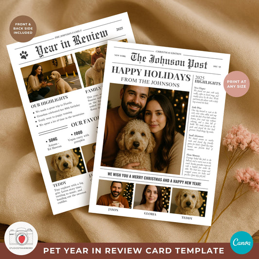 Pet year in review newspaper card template in Canva with dog photos and holiday headings