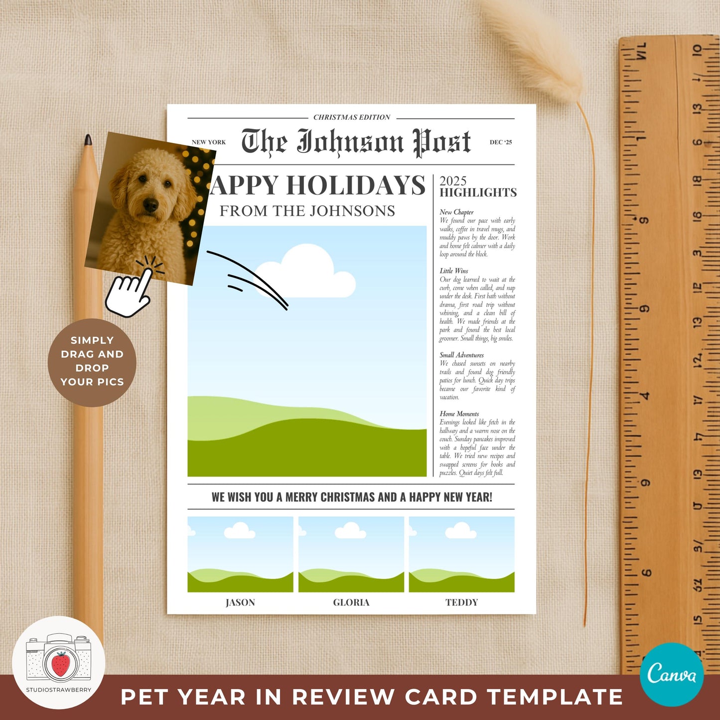 Dog year recap holiday card featuring a family with their pup and caption boxes