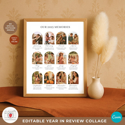 Year in review photo collage template with 12 modern arch frames for couples and families.