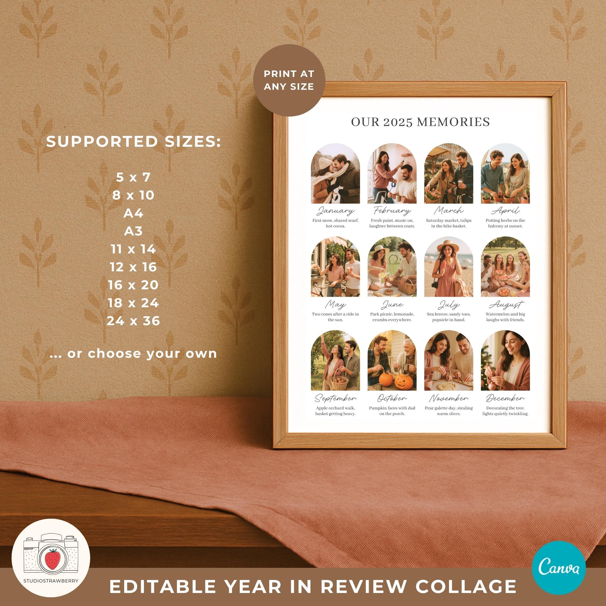 Our year memories template with monthly captions under each photo.