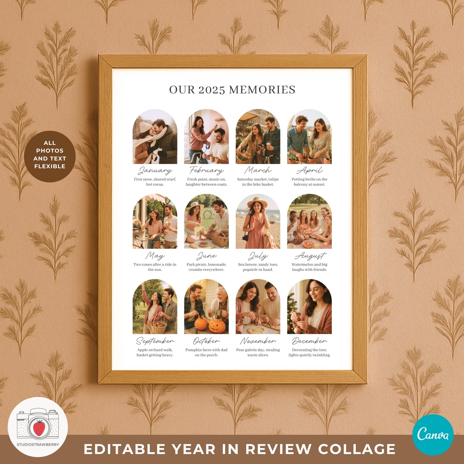 Monthly year in review card template with 12 photo spots and captions.
