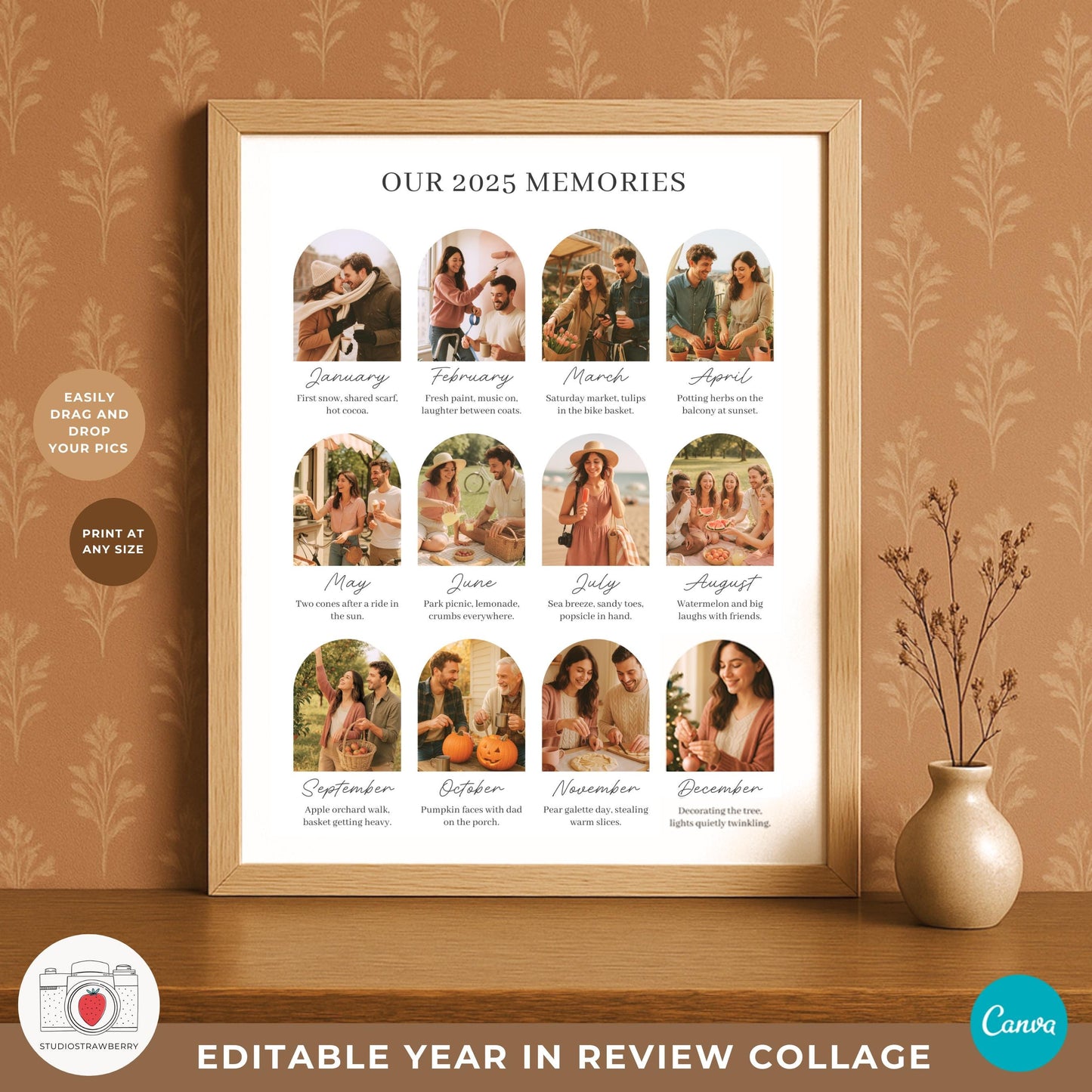 Watercolor pine wreath Christmas card framing a family photo.