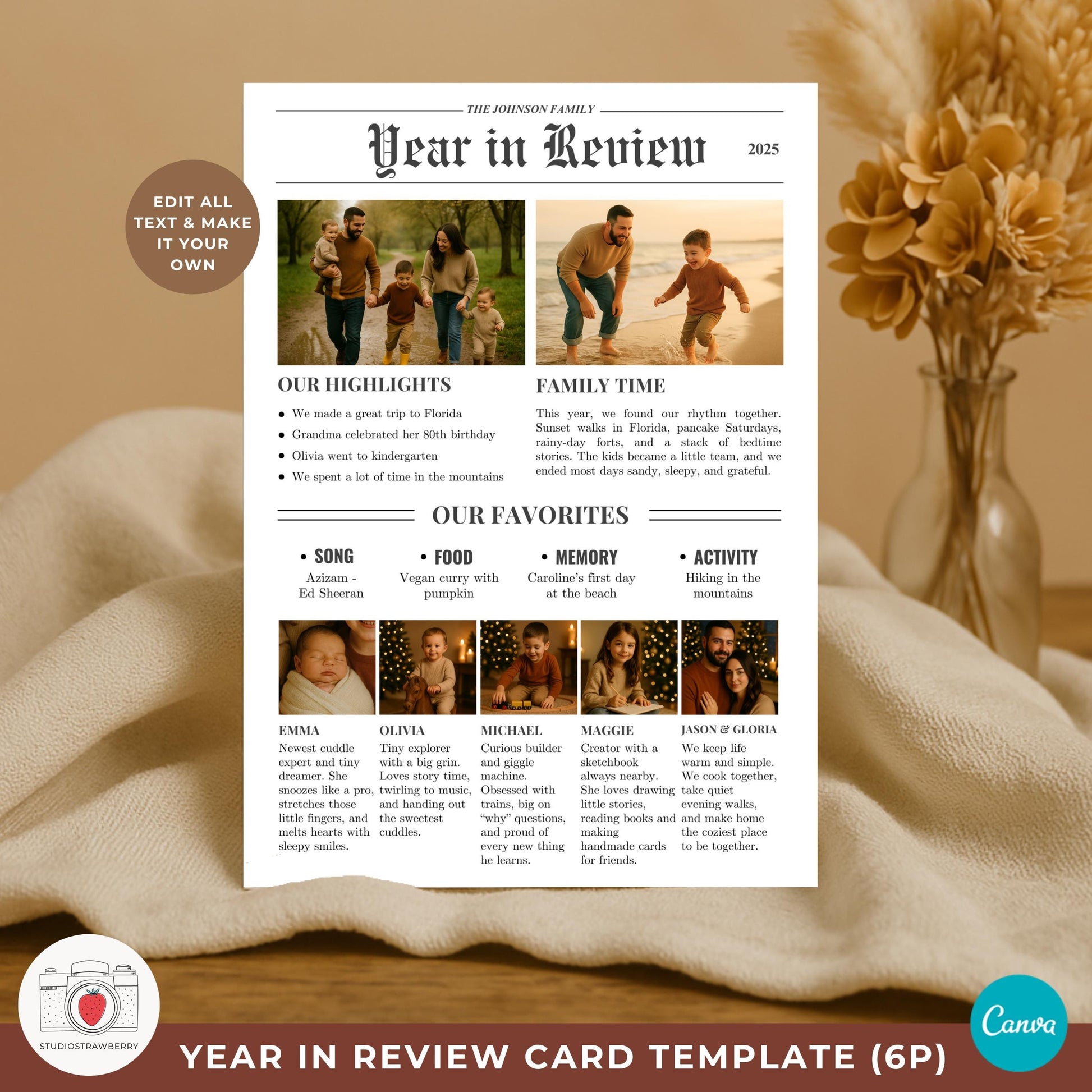 Editable newspaper Christmas card Canva file with custom names and year.