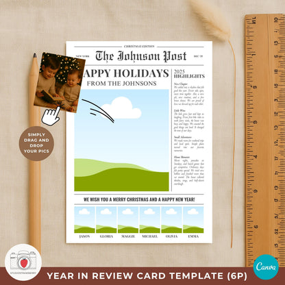 Modern vintage newspaper holiday card with serif masthead and clean rules.