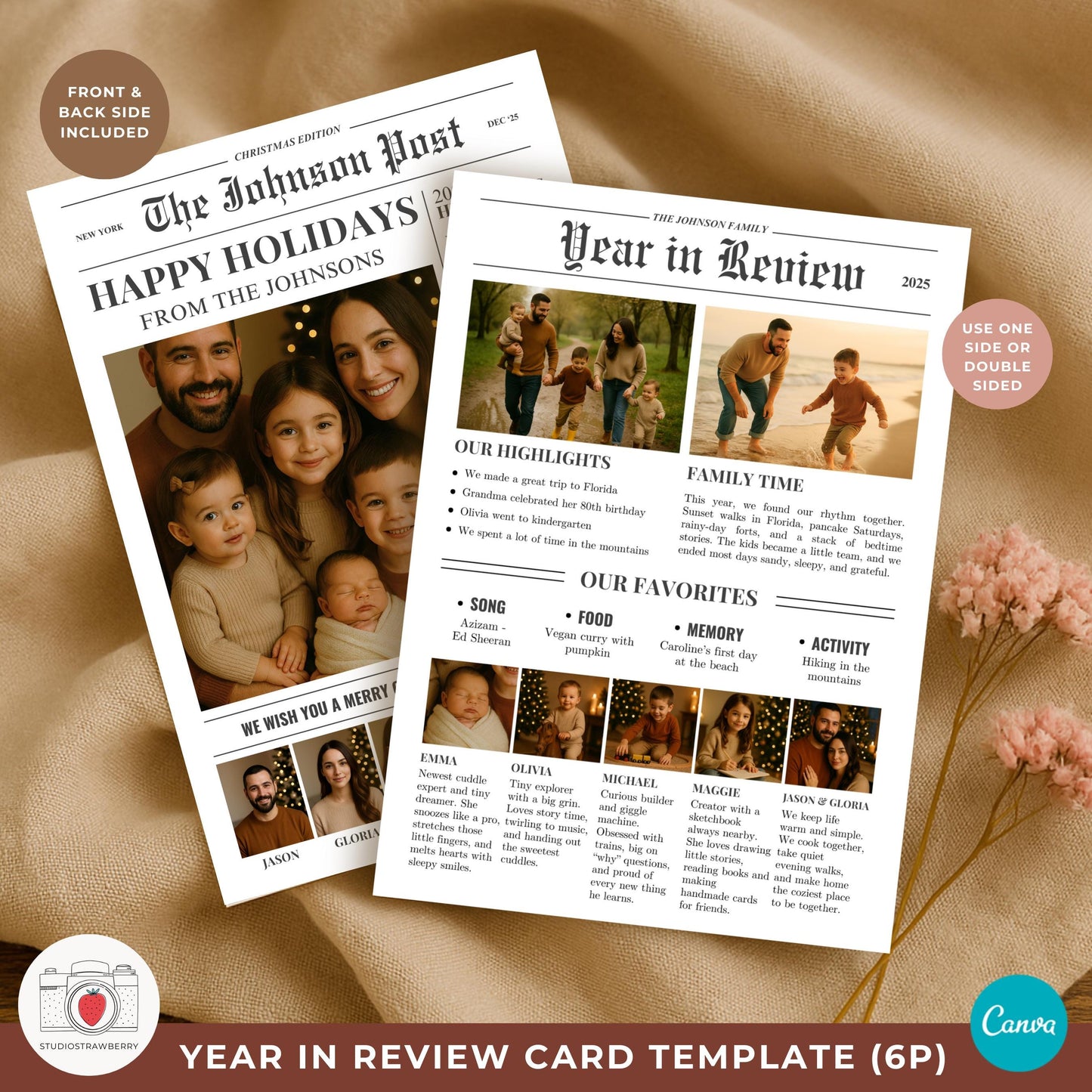 Family newspaper holiday card template 5x7 that looks like a real front page.