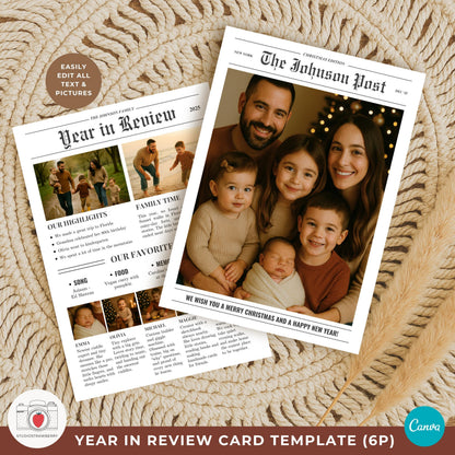 Printable newspaper Christmas card with highlights column and caption bar.