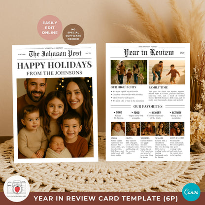 Family of six holiday card template with portrait grid and text sections.
