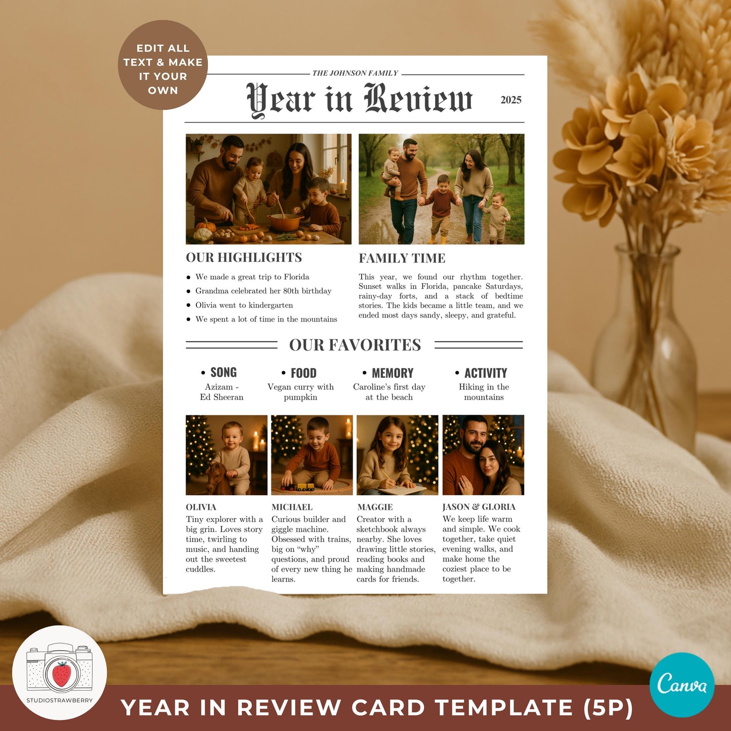 Holiday newsletter card template with highlights and favorites sections.