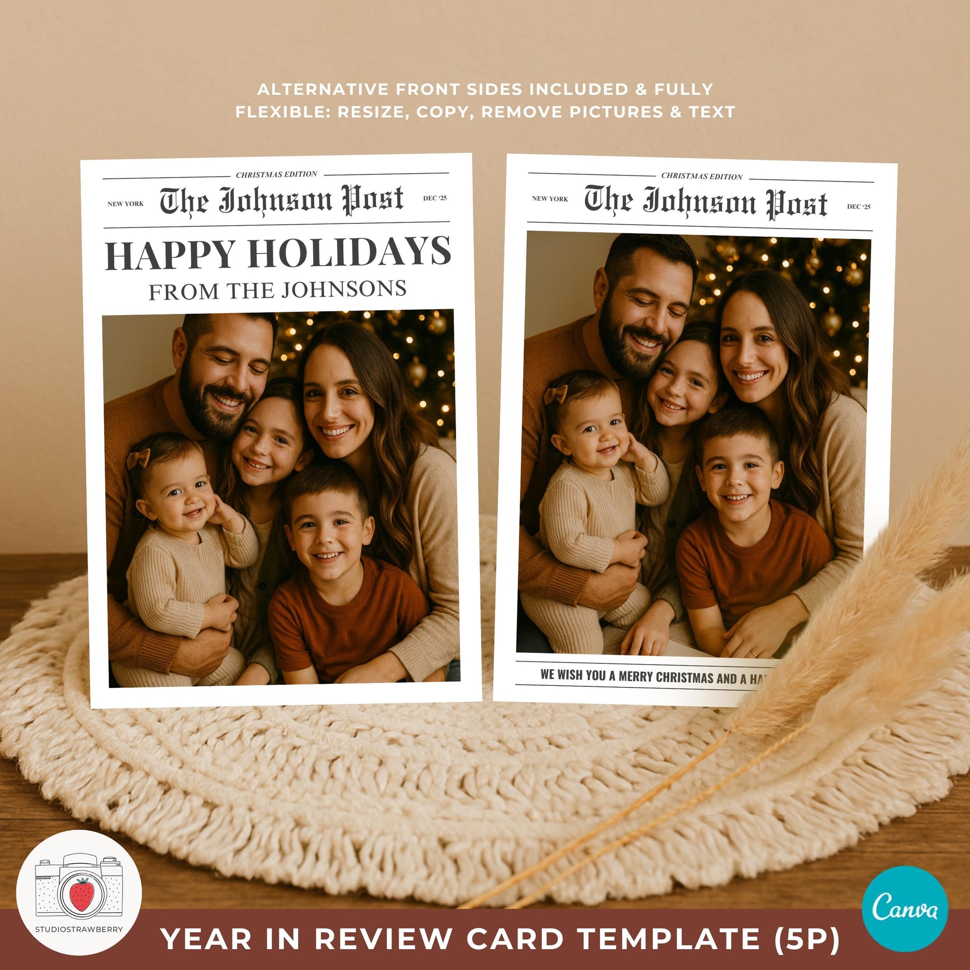 Newspaper Christmas card template Canva with customizable text and photos.