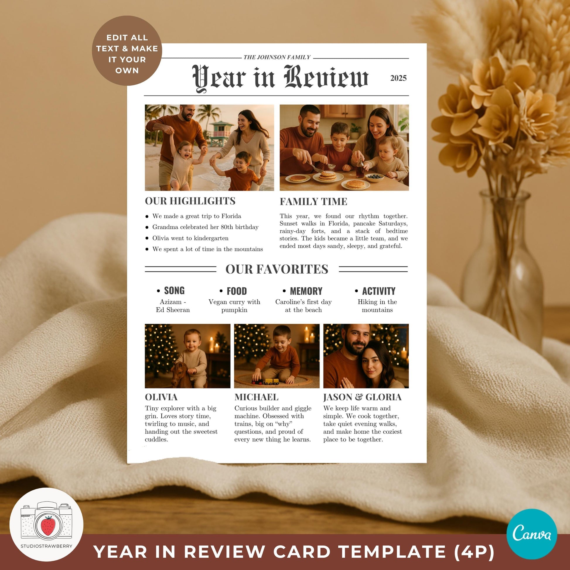 Double sided holiday newsletter template with optional back review page.