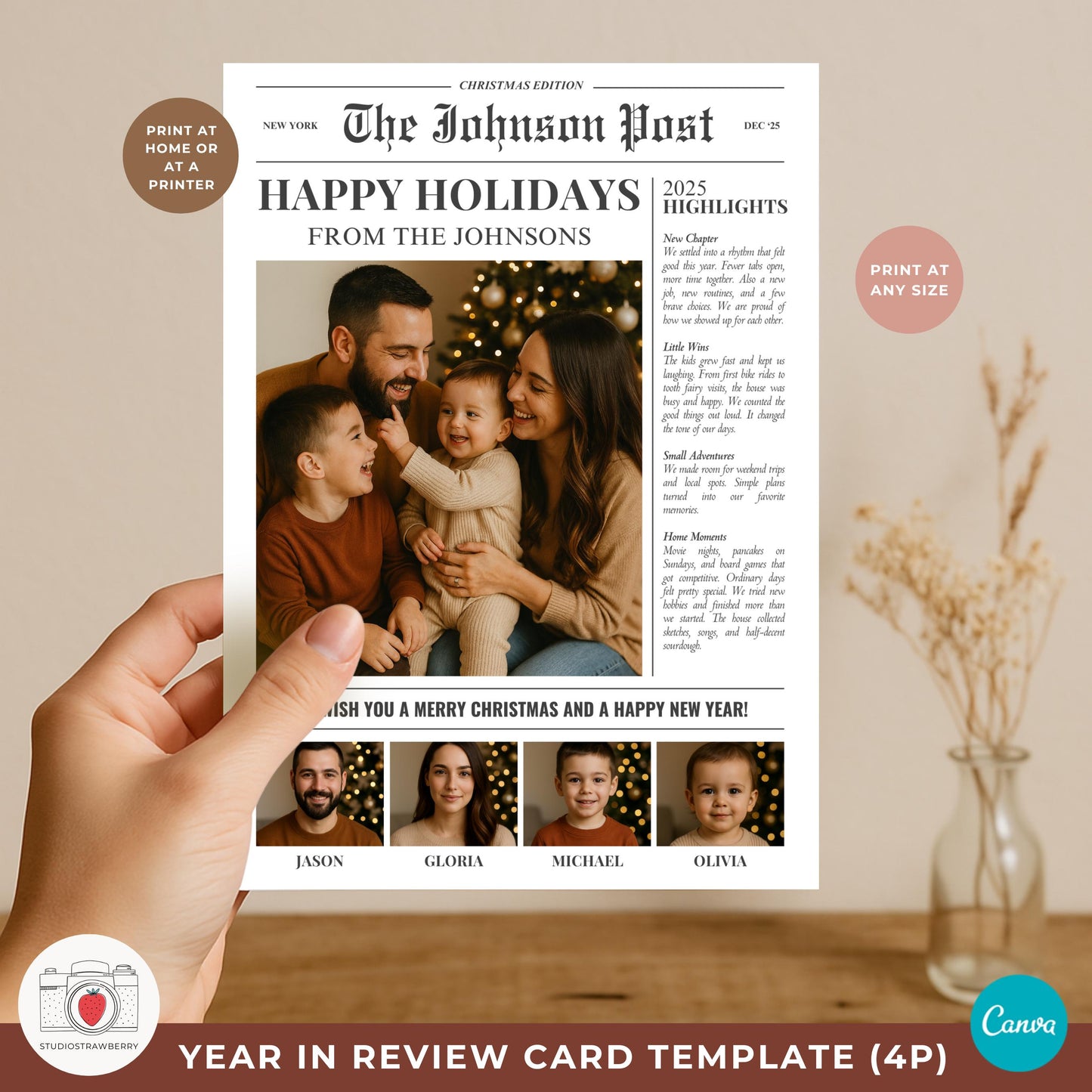 Family newsletter holiday card printable with four small portraits strip.
