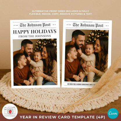 4 page year in review template with front and back newspaper design.