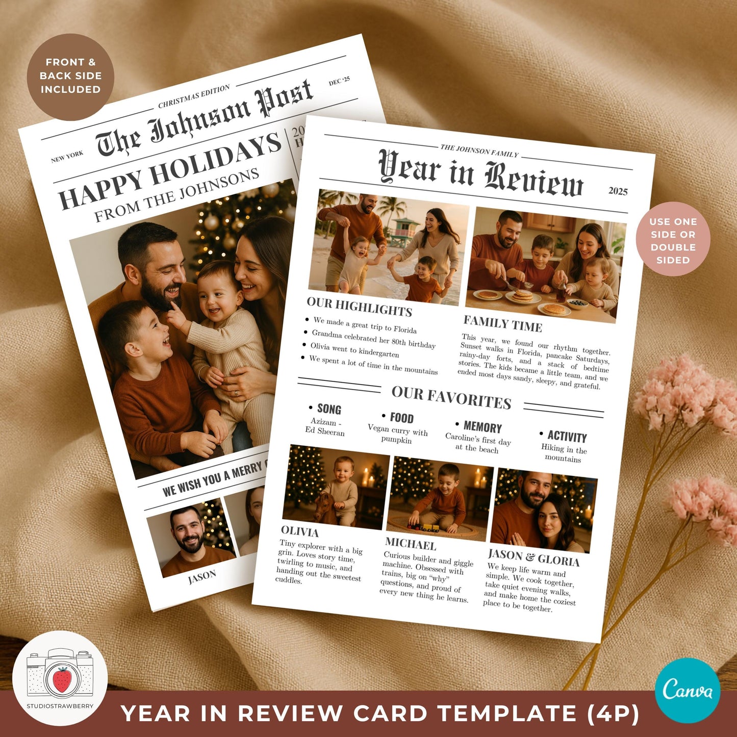 Modern black and white holiday card styled like a family newspaper.
