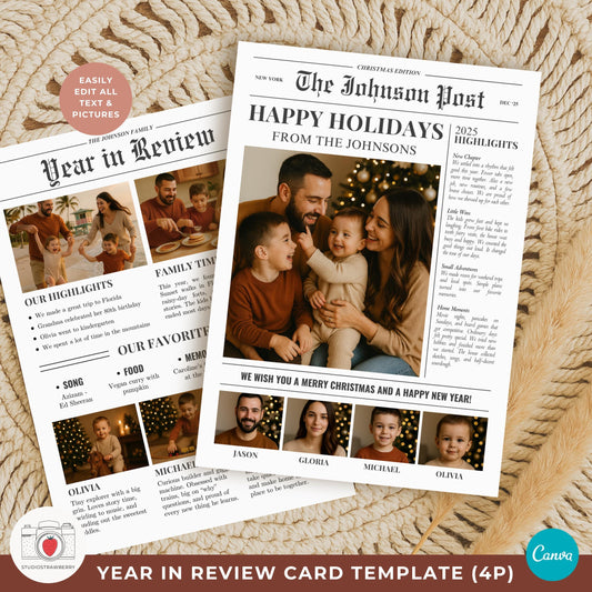 Newspaper year in review card family of 4 with classic headline layout in black and white.