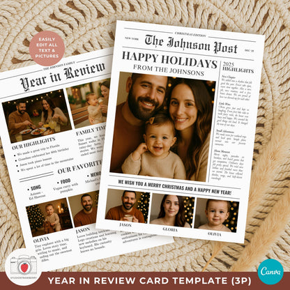 Newspaper style holiday card template with front and back pages for storytelling.