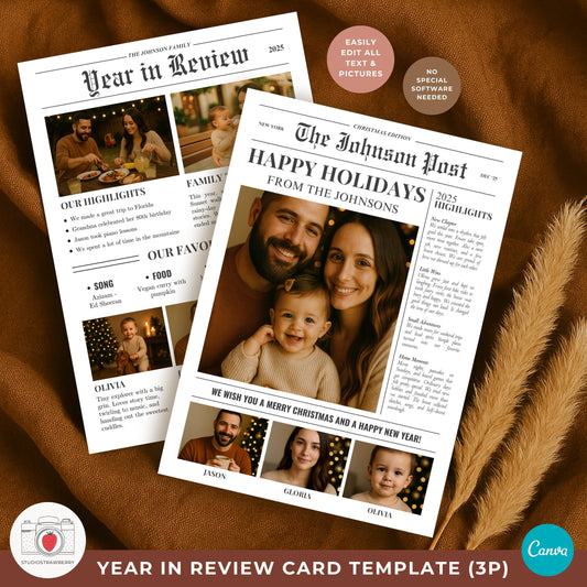 Newspaper Christmas card template in Canva for a family of three with a classic headline layout.