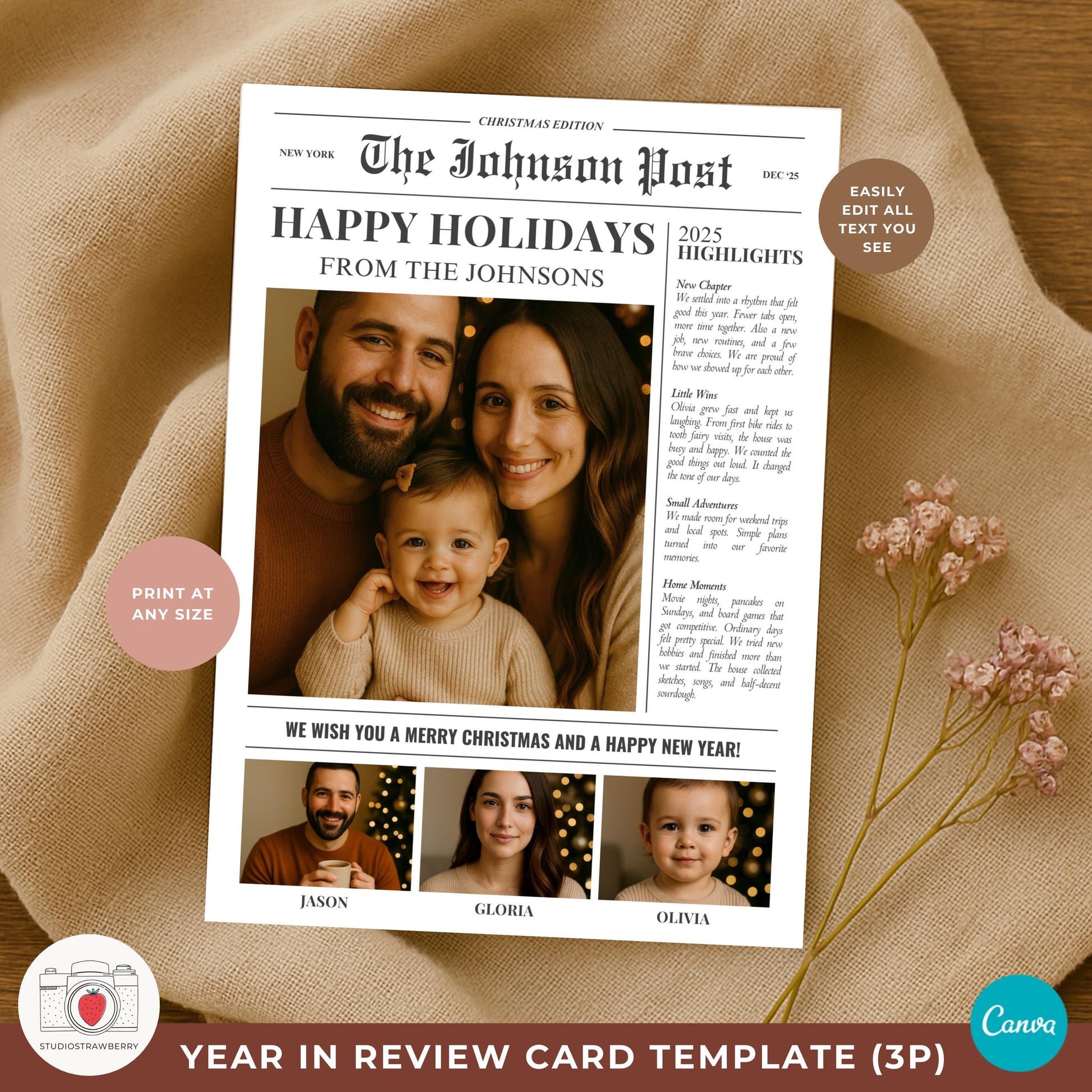 Double sided holiday newsletter template in Canva showing recap sections and favorites.