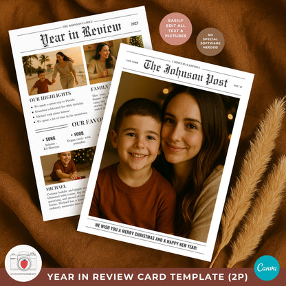 Double sided year in review card template with front and back newspaper sections.