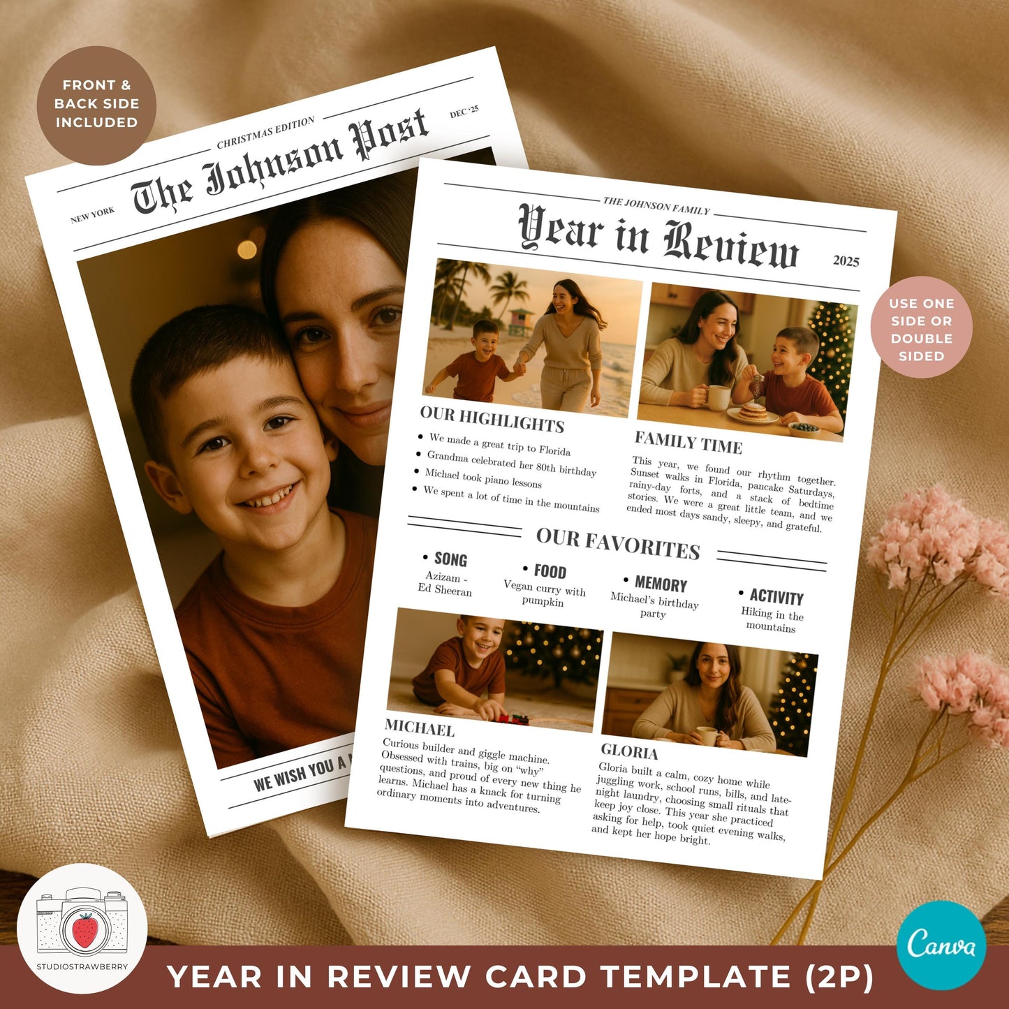 Vintage newspaper holiday card look with classic serif masthead and photo squares.