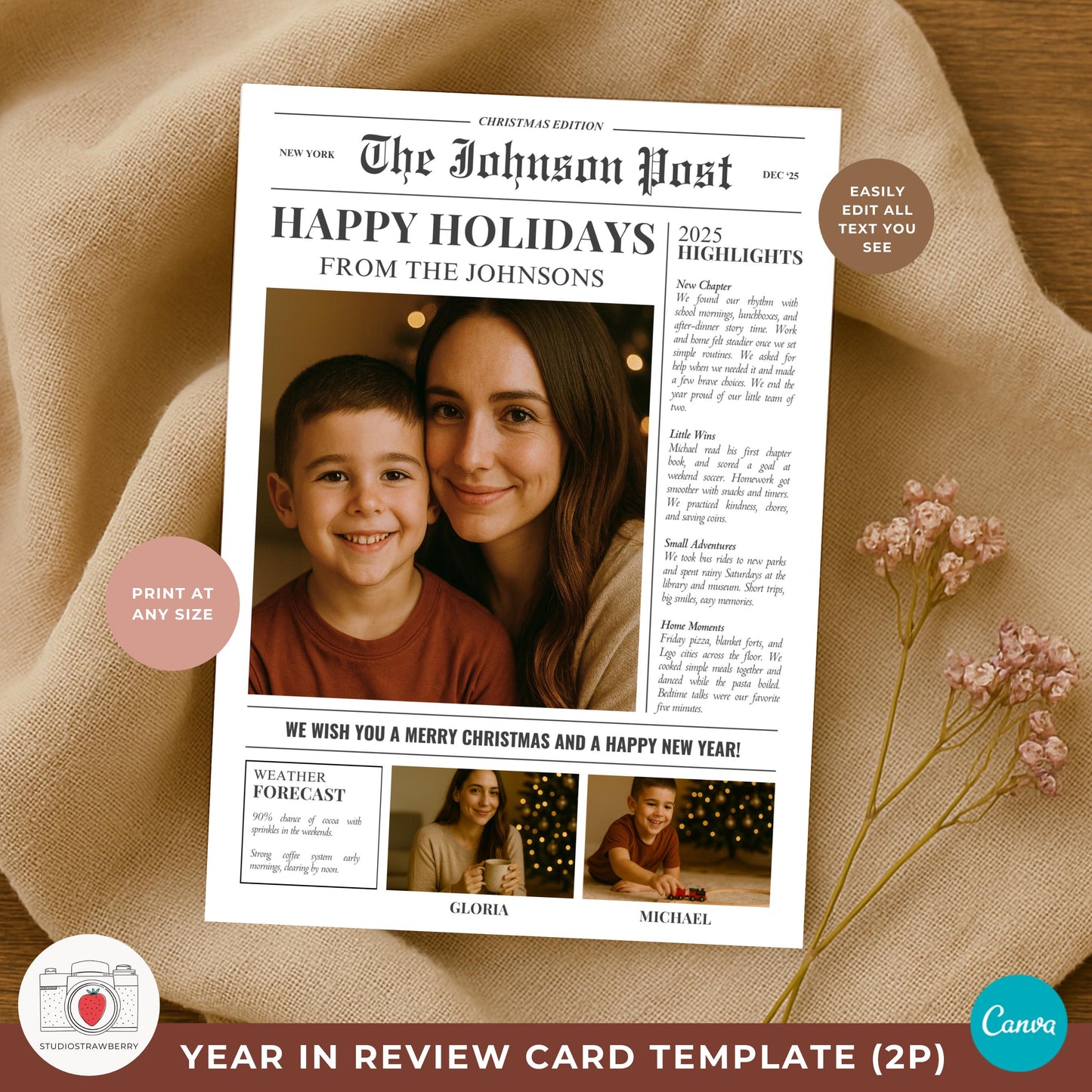 Personalized newspaper couple card with last name headline and custom year.
