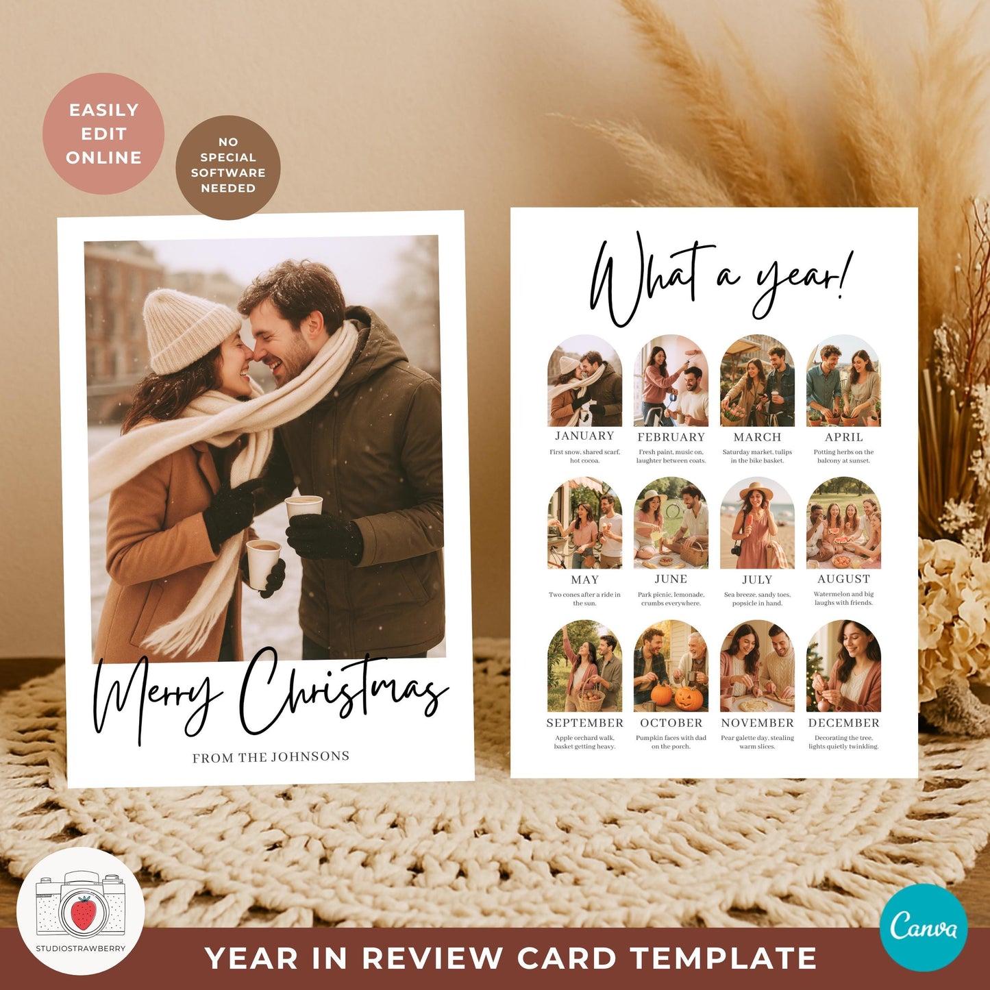 Front and back view of a year in review card template Canva with matching photo front and 12 month grid on the back.